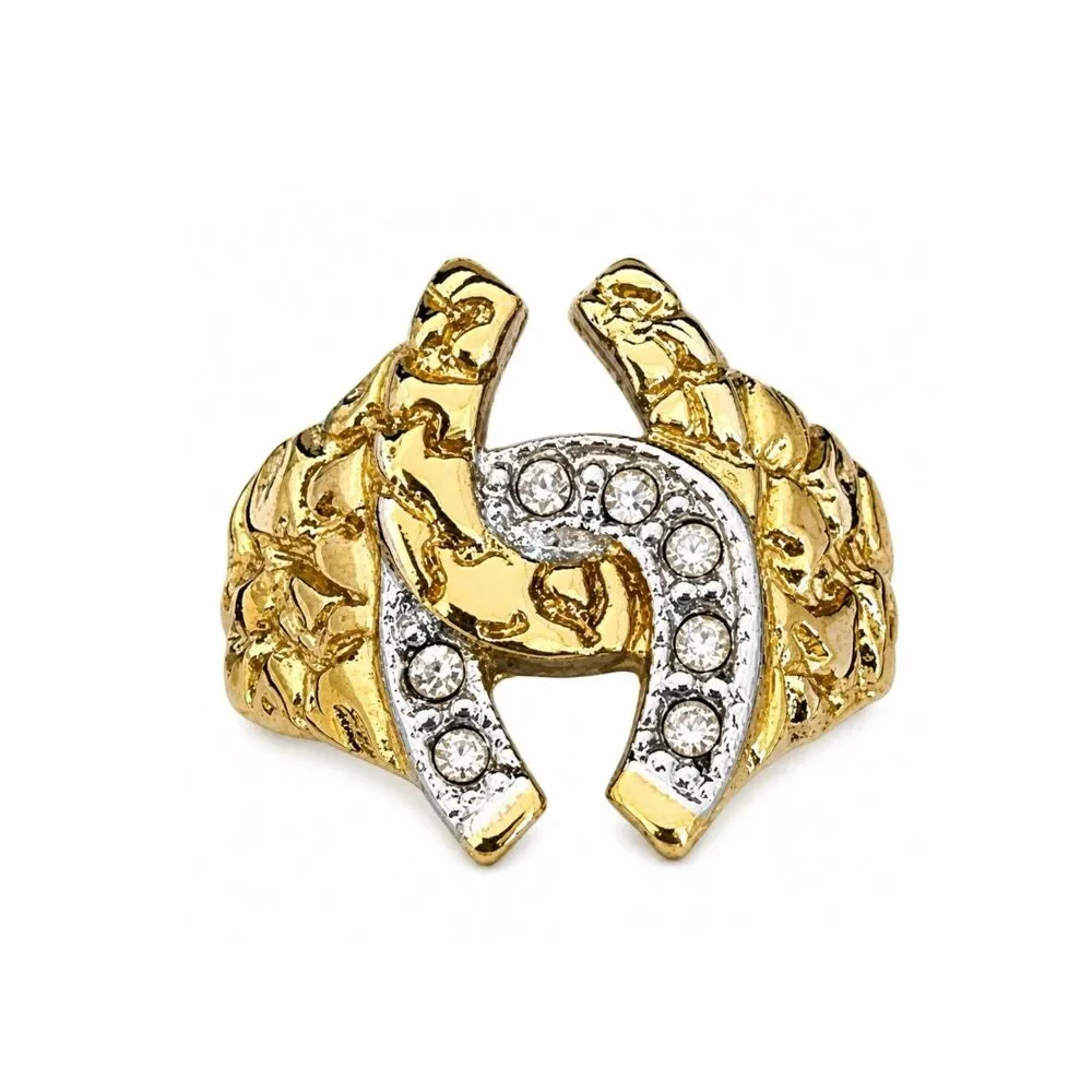 Vintage 1980s Ring Size 9 Horseshoe Nugget Textured CZ Gold Plated - 14P